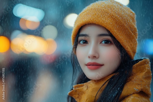 Woman in yellow hat with blurred city lights in background