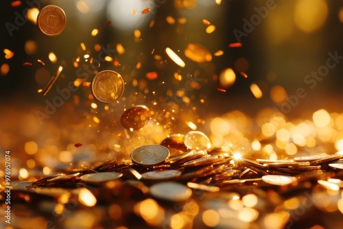 Coins falling with a golden bokeh background creating a sparkle effect. photo