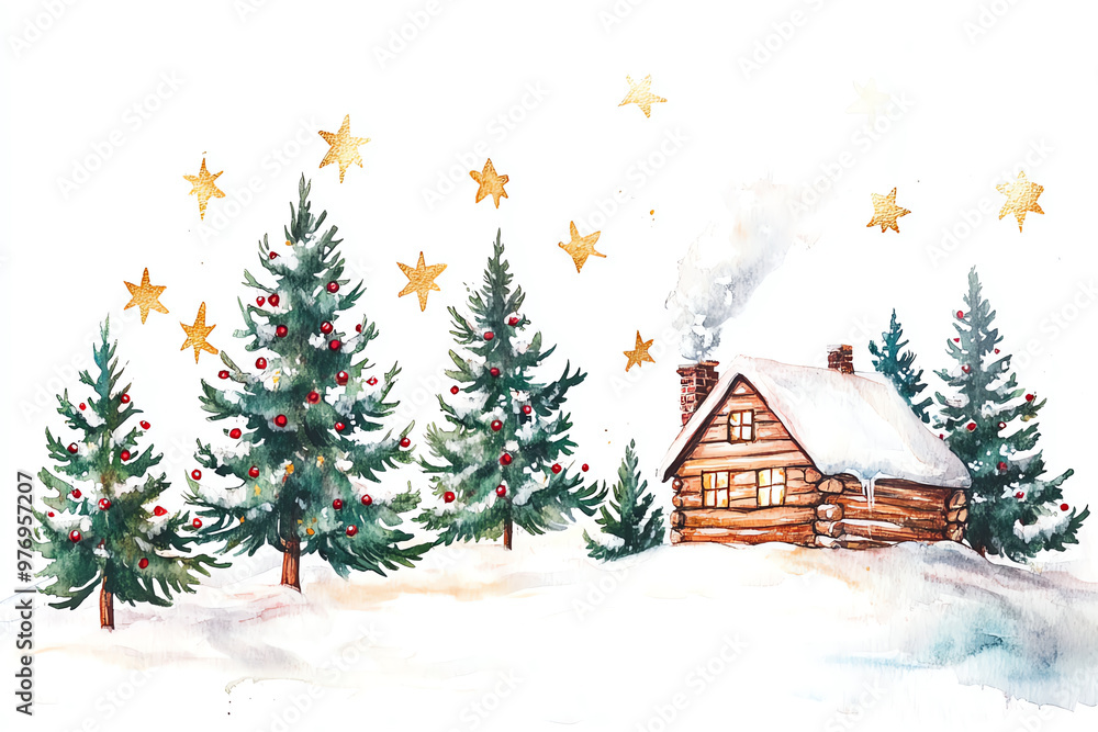 Produce a festive watercolor painting of a snowy Christmas landscape with evergreen trees Produce a festive watercolor painting of a snowy Christmas landscape with evergreen trees