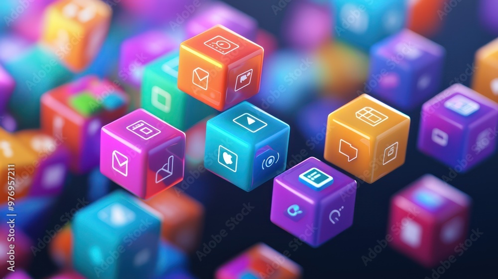 Naklejka premium Technological Innovation: Abstract Gradient Cubes with App Icons in Futuristic Space, Generative AI