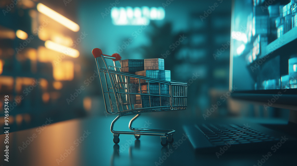 Miniature shopping cart filled with packages, e-commerce concept, online retail, soft bokeh background Miniature shopping cart filled with packages, e-commerce concept, online retail, soft bokeh background