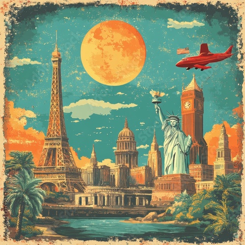 Travel Poster Collage Vintage World Landmarks Sunset Airplane Moon Palm Trees