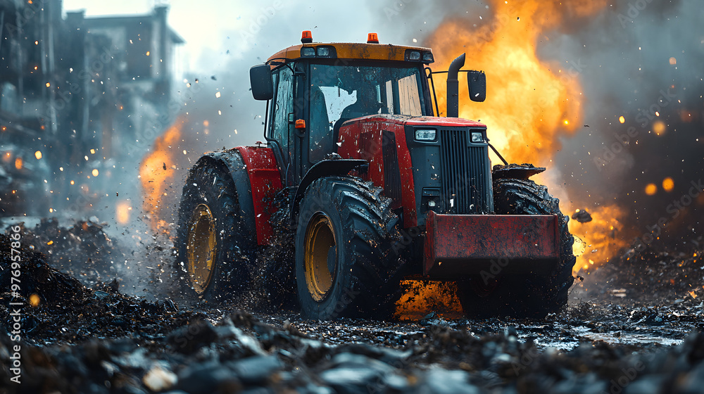 A powerful red tractor navigating through debris amidst fiery explosions, showcasing the intensity of agricultural machinery in action. A powerful red tractor navigating through debris amidst fiery explosions, showcasing the intensity of agricultural machinery in action.