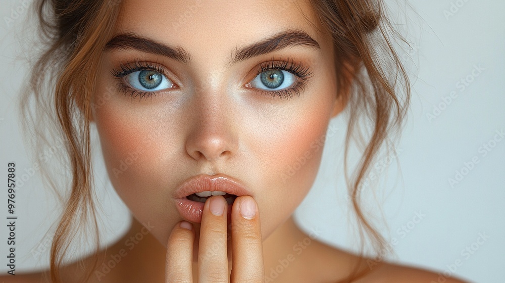 Captivating Gaze: A mesmerizing close-up portrait of a young woman with piercing blue eyes and a captivating gaze, her finger gently resting on her lips. The soft lighting and natural beauty enhance. Captivating Gaze: A mesmerizing close-up portrait of a young woman with piercing blue eyes and a captivating gaze, her finger gently resting on her lips. The soft lighting and natural beauty enhance.