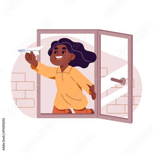 Happy child plays with paper aircraft front of open window. Kid has fun with toy plane in danger. Little girl at risk of falling from height. Flat isolated vector illustration on white background