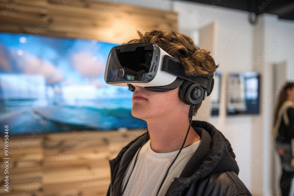 Person Wearing Futuristic VR Headset on a Bustling Urban Street at Night Person Wearing Futuristic VR Headset on a Bustling Urban Street at Night