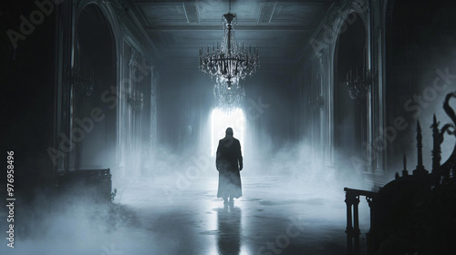 A ghostly figure with a somber expression, wandering through a deserted, fog-shrouded mansion with broken chandeliers.