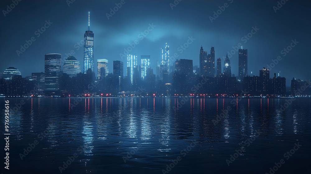 Obraz premium A panoramic view of a modern city skyline at night with illuminated skyscrapers reflecting in the water.
