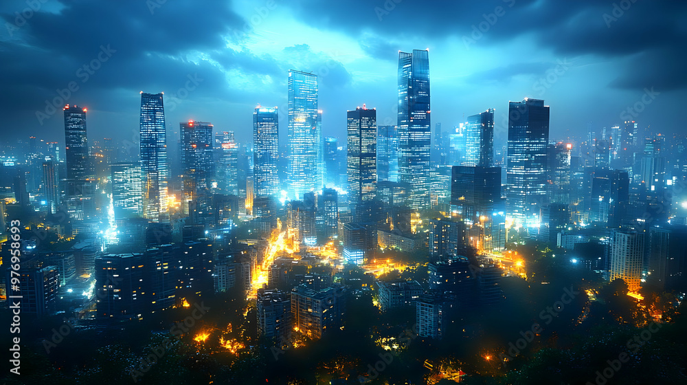 Obraz premium A panoramic view of a modern city skyline at night, illuminated by streetlights and building lights, with a cloudy sky overhead.