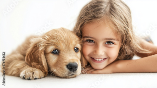 A happy child gently pettin...
