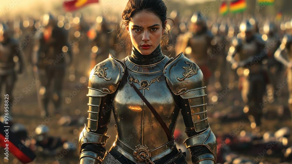 Female knight in shining armor, close-up portrait of woman warrior with army in background, medieval fantasy battle scene
