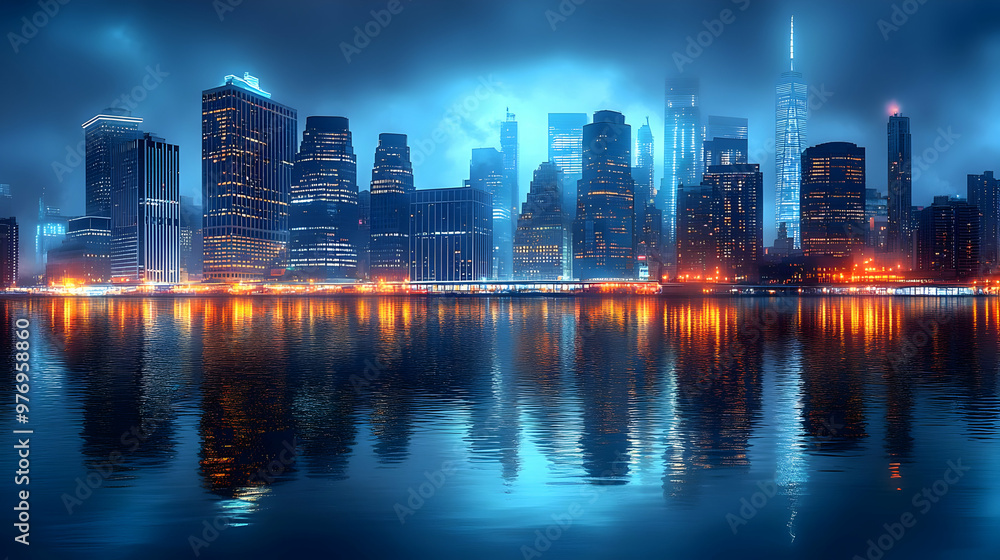 Fototapeta premium A panoramic view of a modern city skyline at night, with skyscrapers reflecting in the water.