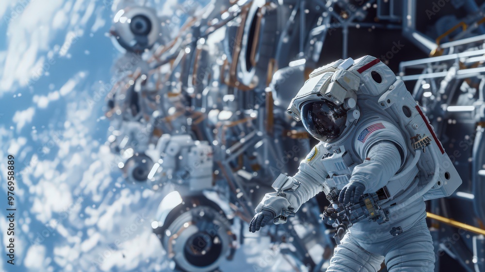 An astronaut making adjustments to the space station external modules during a spacewalk, emphasizing teamwork and precision. An astronaut making adjustments to the space station external modules during a spacewalk, emphasizing teamwork and precision.