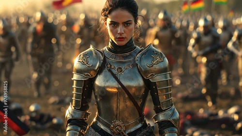 Female knight in shining armor, close-up portrait of woman warrior with army in background, medieval fantasy battle scene