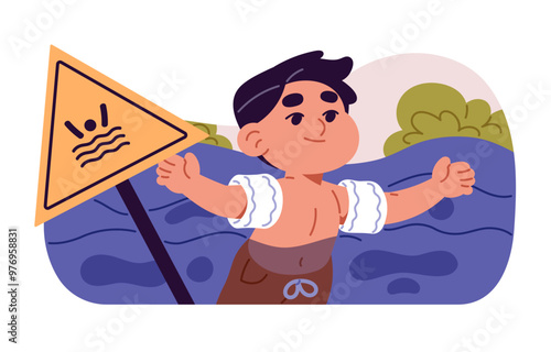 Little boy swims in deep water alone. Kid in floaties armbands has fun in sea, lake. Child danger, hazar in pool, ocean. Baby at risk of drown. Flat isolated vector illustration on white background