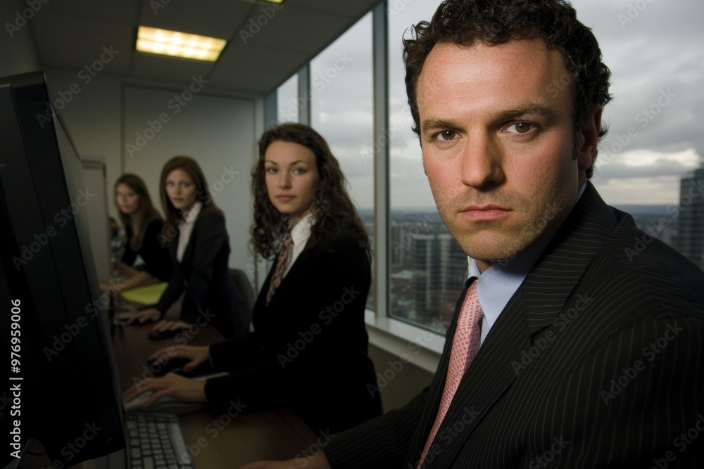 A businessman works on his computer in an office while colleagues work in the background A businessman works on his computer in an office while colleagues work in the background