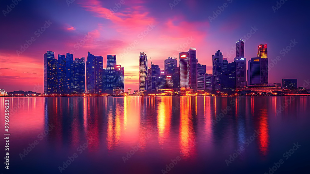 Fototapeta premium A panoramic view of a modern city skyline at sunset with colorful reflections in the water.
