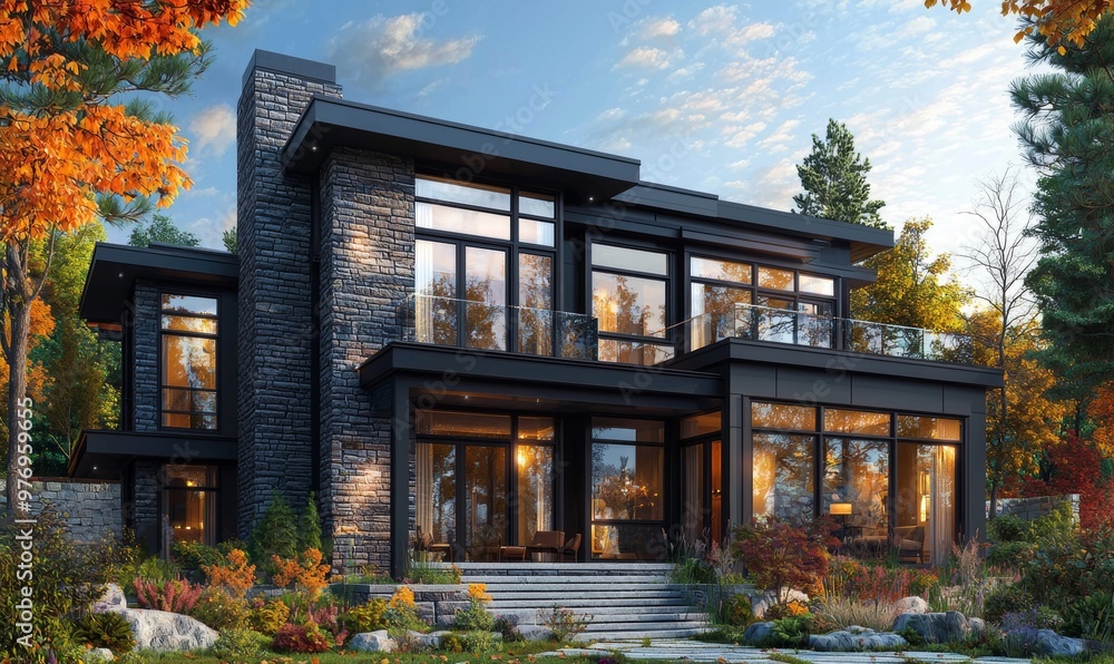 Modern clinker house for rent or sale on ponds with garage and pool. Sunny autumn day covered with golden leaves. Modern clinker house for rent or sale on ponds with garage and pool. Sunny autumn day covered with golden leaves.