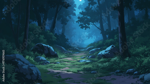 Enchanted Moonlit Forest Path - A Serene Night Scene - Cartoon and Anime Style