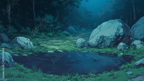 Tranquil Night Forest Scene with Stream and Rocks - Cartoon and Anime Style