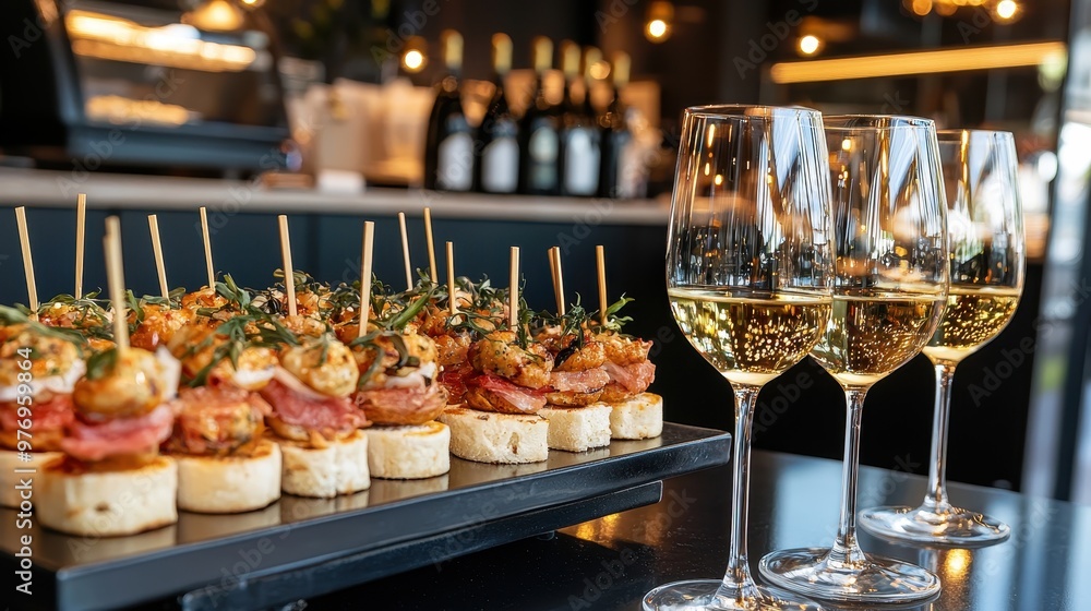 Fototapeta premium Appetizers White Wine Glasses Restaurant Table