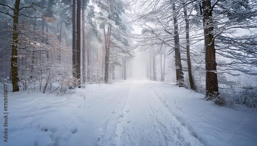 Obraz premium Snowy forest path with light fog