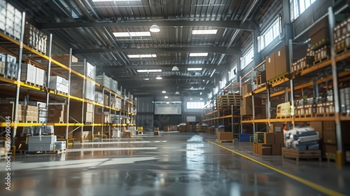 An image of a warehouse with eco-friendly features like energy-efficient lighting and recycling stations, highlighting sustainability in warehousing.