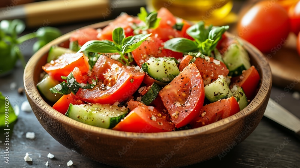 This vibrant tomato salad with cucumbers and basil is drizzled with olive oil and sea salt. This vibrant tomato salad with cucumbers and basil is drizzled with olive oil and sea salt.