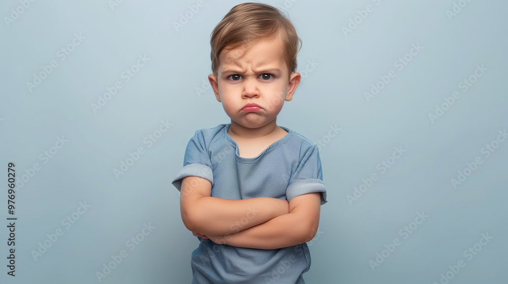 A sullen three-year-old boy, arms crossed on his chest, gazing angrily. Isolated against a blue backdrop. Room for text. A sullen three-year-old boy, arms crossed on his chest, gazing angrily. Isolated against a blue backdrop. Room for text.