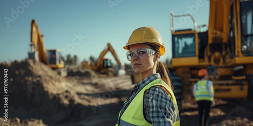 construction worker woman wearing PPEs, machinery in the background., excavator, construction site. hard hat, safety glasses, safety boots. Personal protection equipment