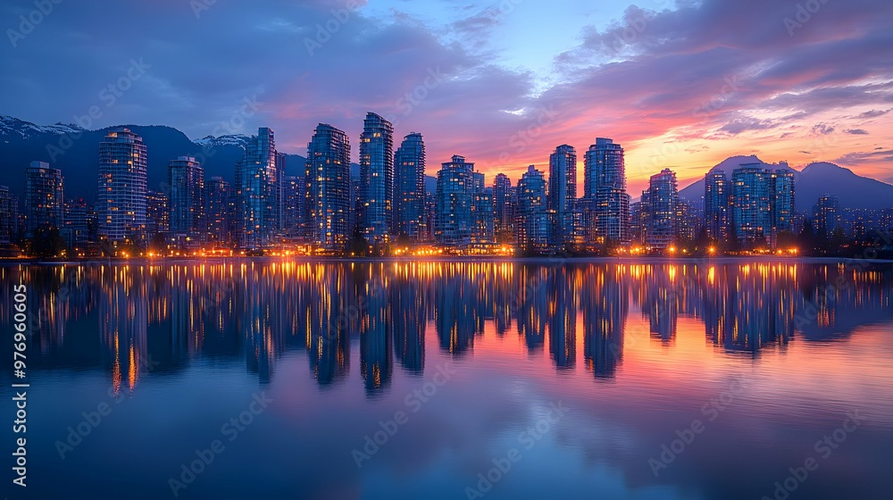Obraz premium A panoramic view of a modern city skyline with skyscrapers reflecting in a calm lake at sunset.