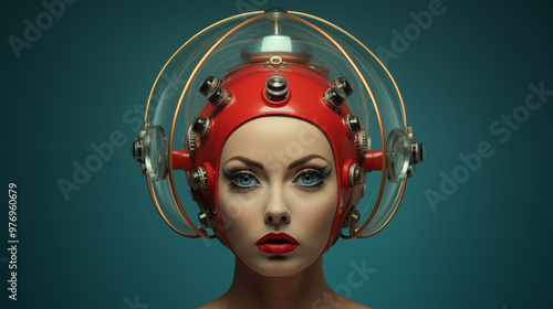 Retrofuturistisches Portrait einer Frau mit helmartiger roter Kopfbedeckung, frontal, Illustration