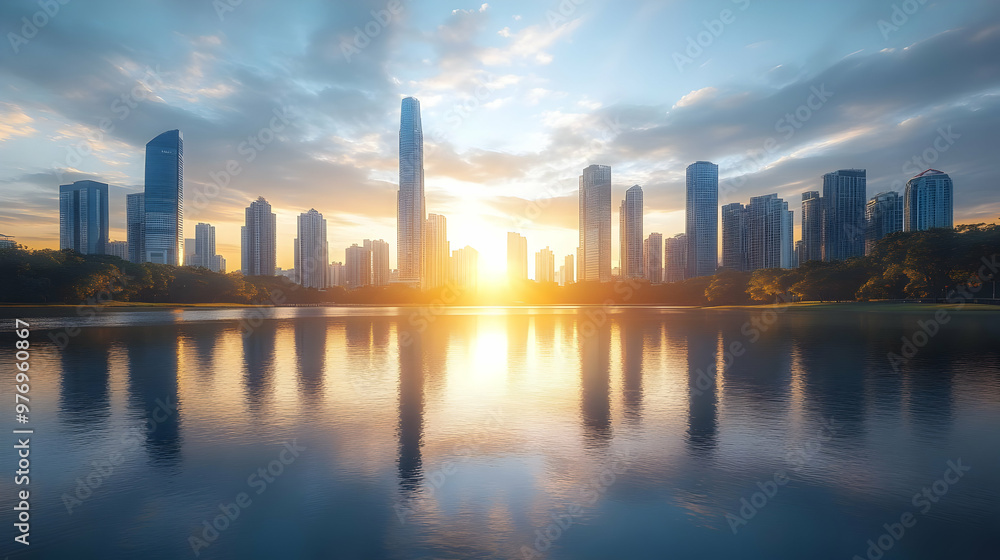 A panoramic view of a modern city skyline with tall buildings reflected in a calm lake at sunset. A panoramic view of a modern city skyline with tall buildings reflected in a calm lake at sunset.