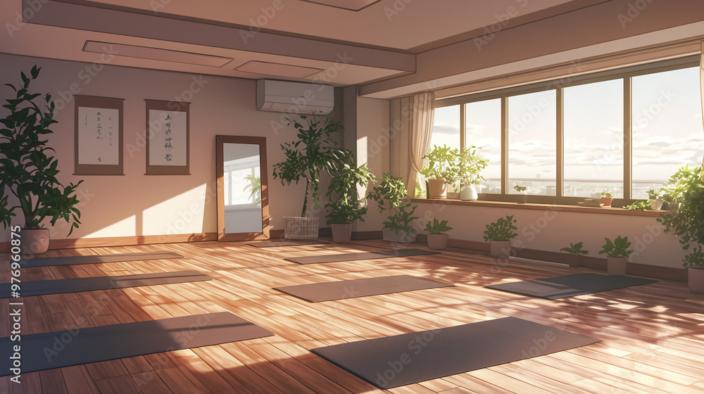 Peaceful Yoga Studio with City View and Natural Light - Cartoon and Anime Style Peaceful Yoga Studio with City View and Natural Light - Cartoon and Anime Style