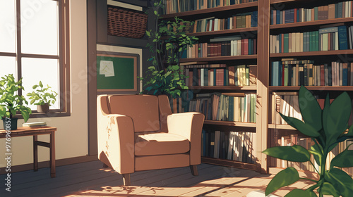 Cozy Living Room with Bookcase and Sunlight - Cartoon and Anime Style