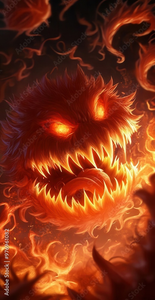 Fiery Monster with Glowing Eyes in Flames Fiery Monster with Glowing Eyes in Flames
