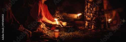 Cacao ceremony, heart opening medicine. Ceremony space. Woman scoops cacao.
