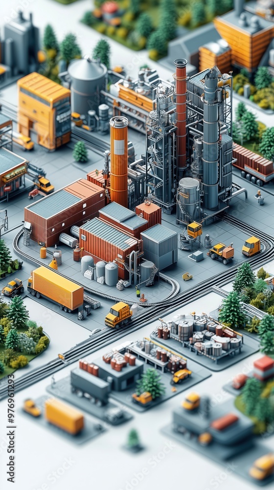 Aerial view of a detailed industrial model featuring factories, storage units, and transportation vehicles amidst landscaped trees. Aerial view of a detailed industrial model featuring factories, storage units, and transportation vehicles amidst landscaped trees.