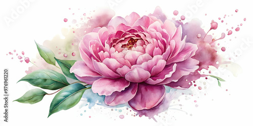 Watercolor painting of a detailed pink peony flower with splashes, pink, peony, flower, watercolor, painting, detailed, realism