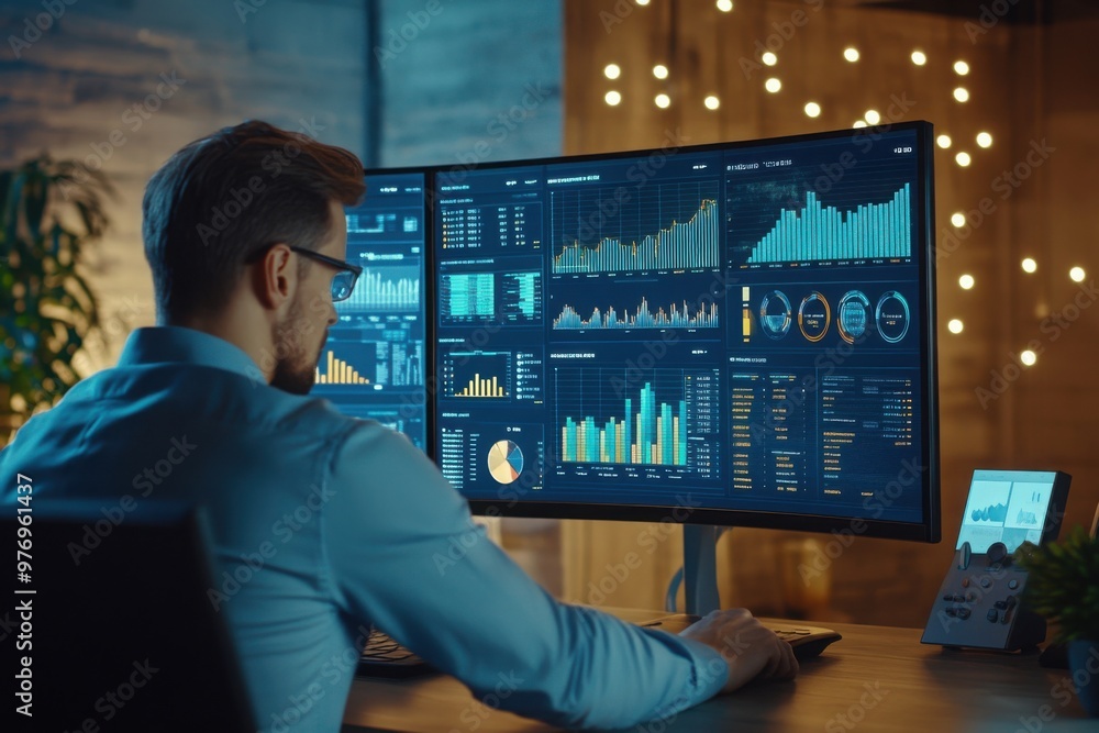 Financial analyst working on multiple data screens Financial analyst working on multiple data screens