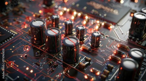 Artistic representation of an op-amp (operational amplifier) circuit, including feedback loops and the role of the op-amp in signal processing. photo