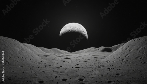 High-resolution view of the moons cratered surface, detailed lunar landscape, black and white photography, vast and desolate terrain, extraterrestrial exploration photo