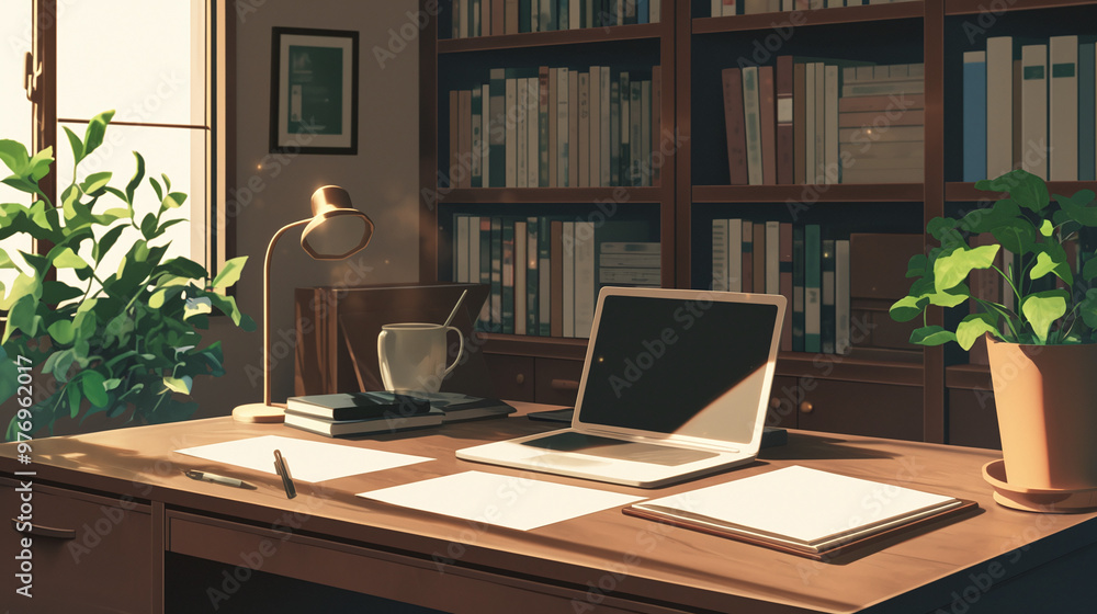 Minimalist Home Office Desk Setup with Sunlight and Plants - Cartoon and Anime Style Minimalist Home Office Desk Setup with Sunlight and Plants - Cartoon and Anime Style