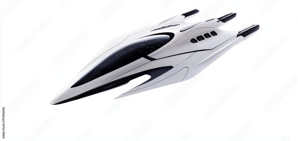 Illustrate a sleek, futuristic spaceship soaring through a starlit galaxy, viewed from the side in a digital 3D style Illustrate a sleek, futuristic spaceship soaring through a starlit galaxy, viewed from the side in a digital 3D style