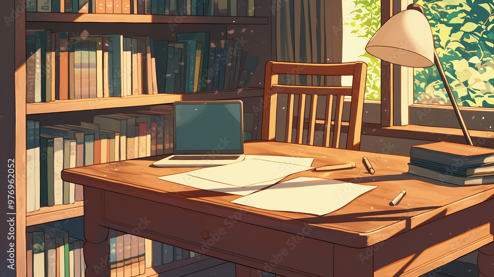 Cozy Home Office with Bookshelf and Sunlight - Cartoon and Anime Style Cozy Home Office with Bookshelf and Sunlight - Cartoon and Anime Style