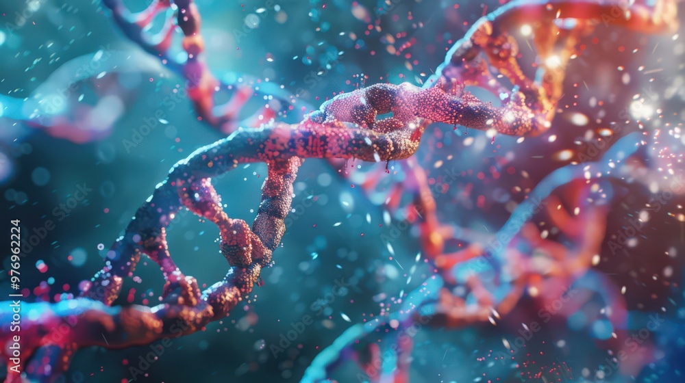 Artistic representation of DNA mutations, showing how changes in base pairs can affect the double helix structure and genetic information. Artistic representation of DNA mutations, showing how changes in base pairs can affect the double helix structure and genetic information.