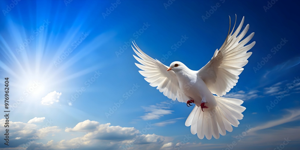 White dove gracefully flying in the clear blue sky, peaceful, freedom, harmony, bird, wings, gentle, serene, purity, beauty, flight White dove gracefully flying in the clear blue sky, peaceful, freedom, harmony, bird, wings, gentle, serene, purity, beauty, flight