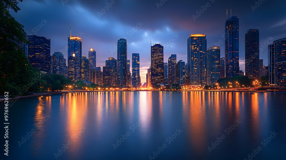 Obraz premium A panoramic view of the Chicago skyline at sunset, with the city's skyscrapers reflected in the calm waters of Lake Michigan.