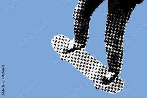 close up skater foot playing tricks pixelate color halftone dotted texture style collage element in blue background