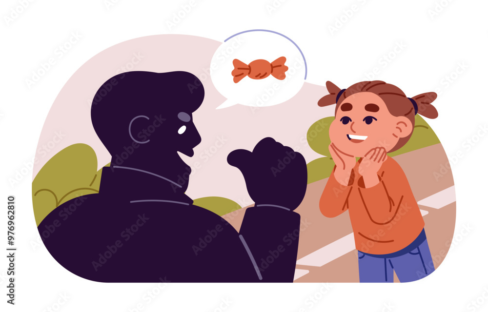 Cute little girl talking to stranger alone. Kid communicates with suspicious adult man outdoor. Child is in danger situation, kidnapping risk. Flat isolated vector illustration on white background Cute little girl talking to stranger alone. Kid communicates with suspicious adult man outdoor. Child is in danger situation, kidnapping risk. Flat isolated vector illustration on white background
